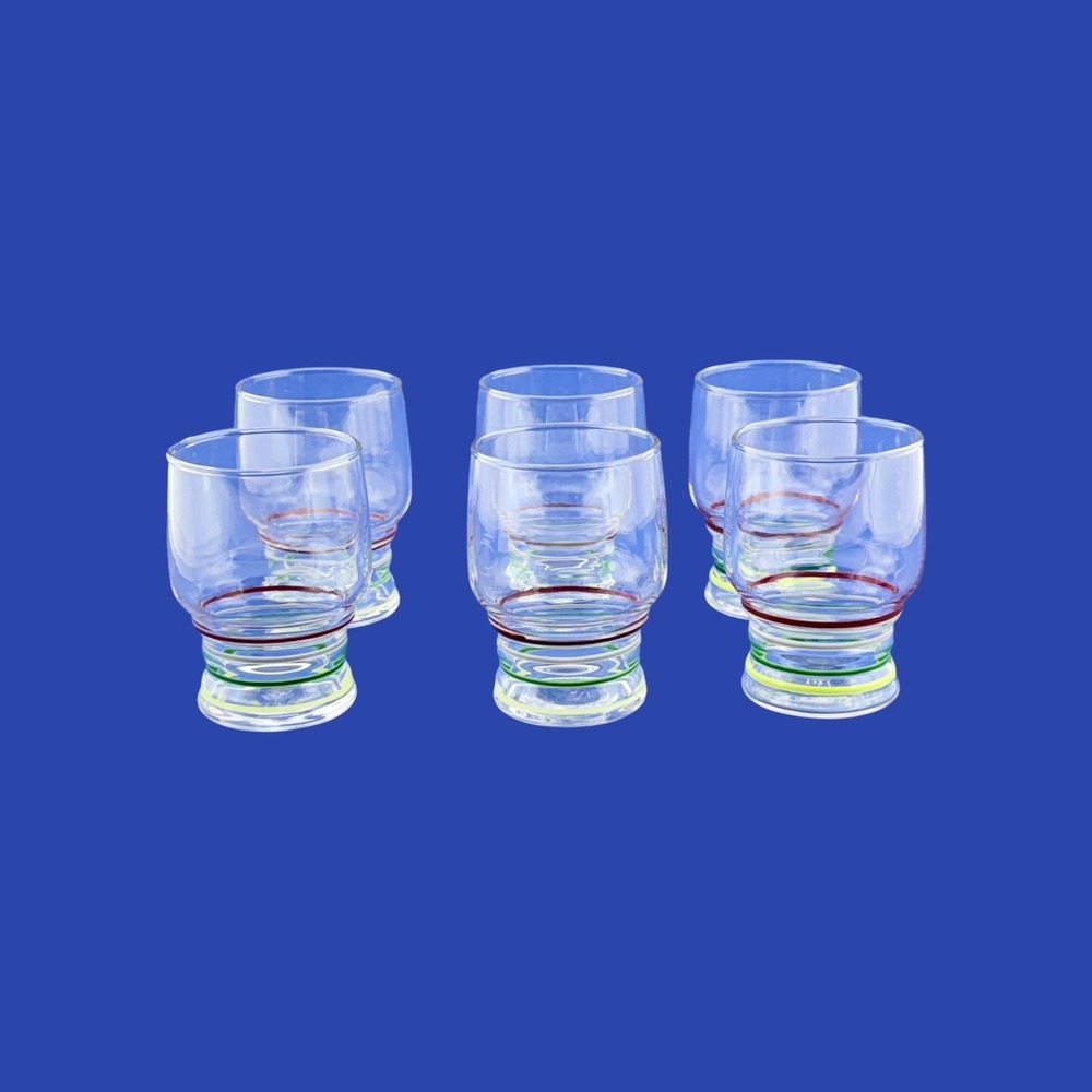 Libbey Juice Glasses (6) Vintage Stripe Colored Rings Maroon Gray Green Yellow